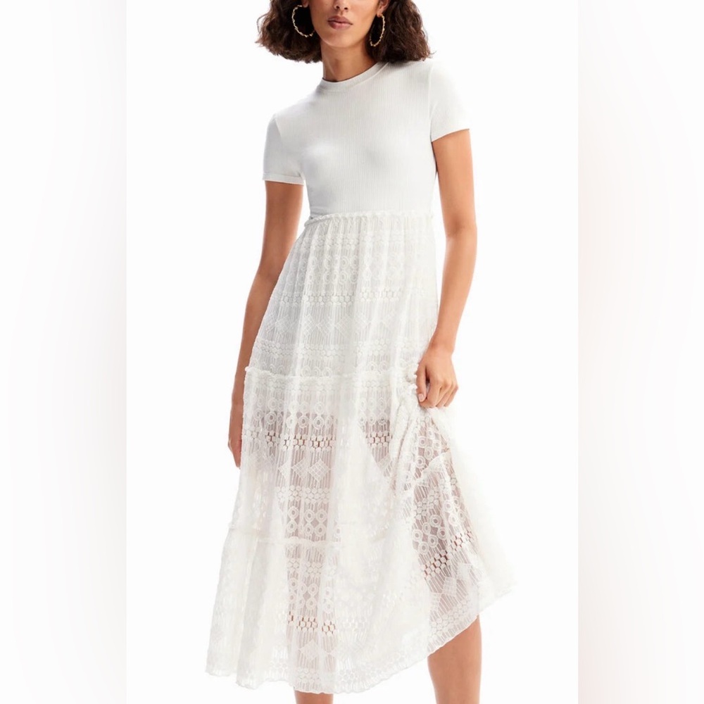 Desigual White Lace Tulle Combination Midi Dress Size Small